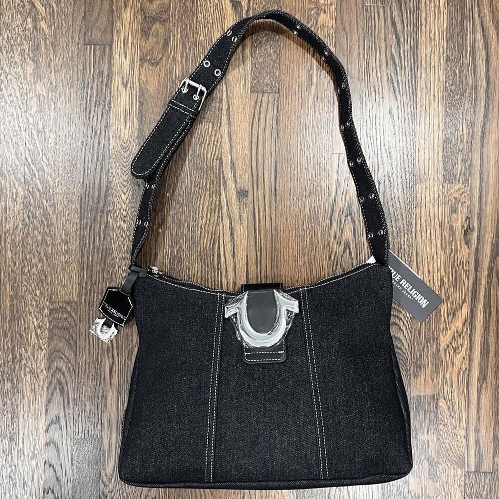 True Religion black denim shoulder bag silver studded hardware zip top